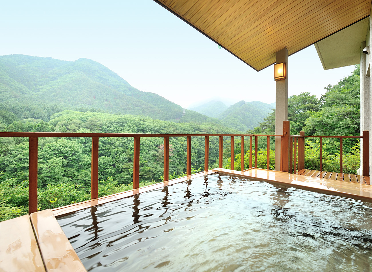 きぬ川 不動瀧 — 栃木県日光市鬼怒川温泉大原 · 木の庇に守られた露天風呂と、その先に広がる鬼怒川渓谷の山並み