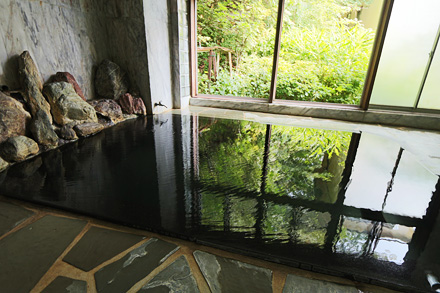 旅館かねがや — 岩手県花巻市台温泉 · 石を組んだ内湯、窓の外に四季の樹林