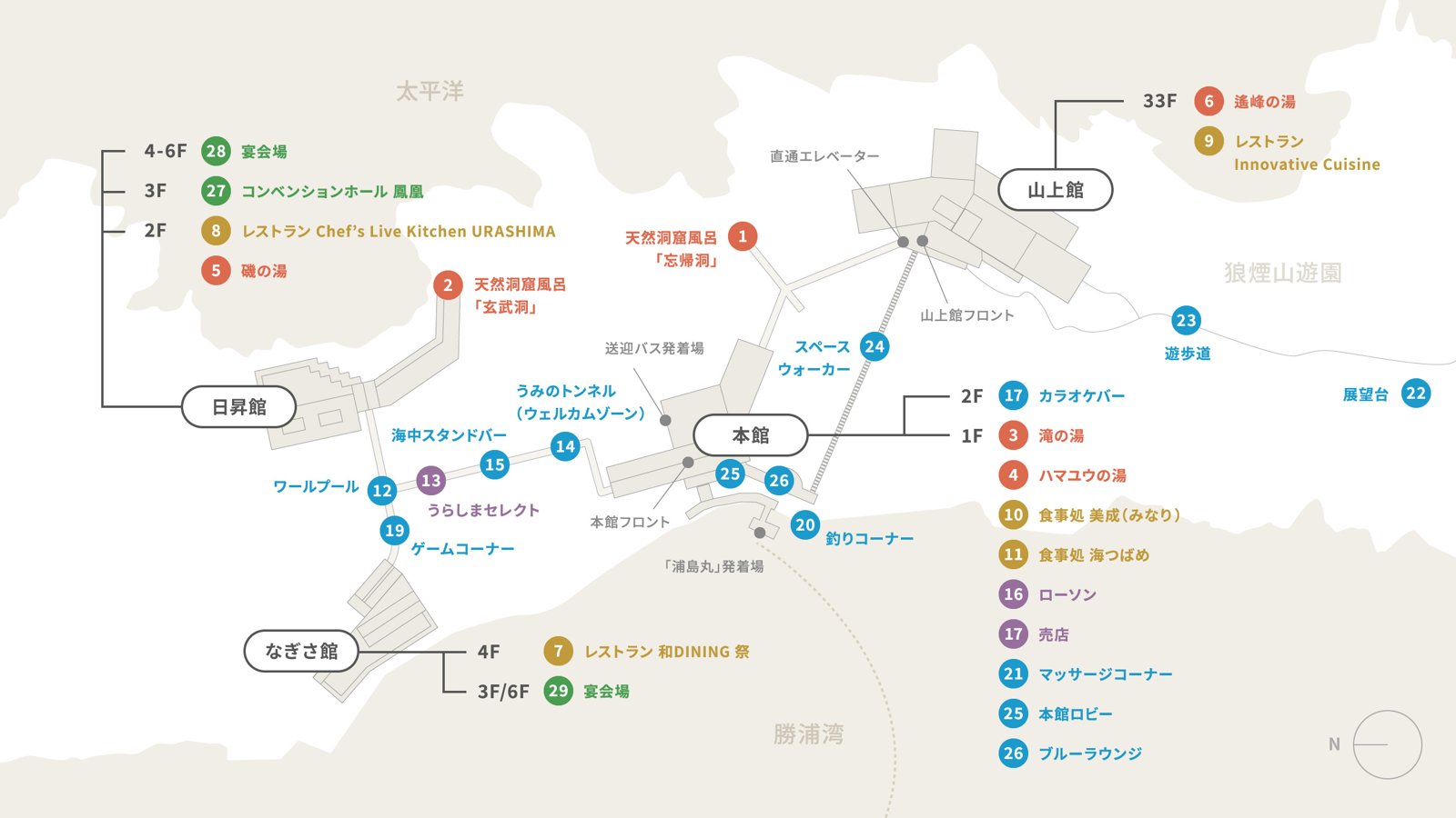 ホテル浦島の館内配置図 — 本館・日昇館・なぎさ館・山上館と6つの湯、レストランの位置