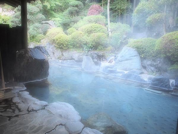とどろき旅館 — 大崎市鬼首 轟温泉 · 湯気の立つ岩組みの混浴露天風呂「荒湯」と庭の木々